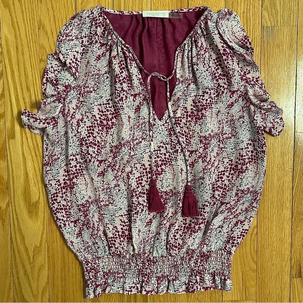 Ramy Brook 100% Silk Flutter Sleeve Blouse Tassles Cinched Lined Fuschia Ivory L